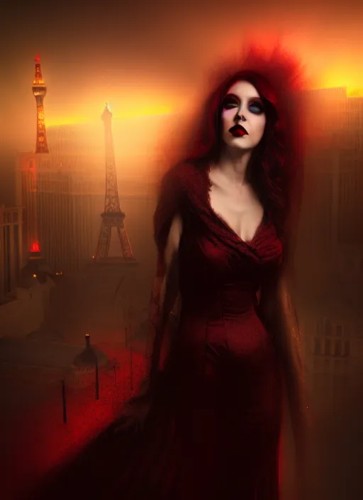 Image similar to realistic matte painting, full length portrait, the duchess of blood owns the las vegas night, vampire, highly detailed, CGsociety, subtle, concept art, HDR, hyper realistic, volumetric lighting, subsurface scattering, unreal