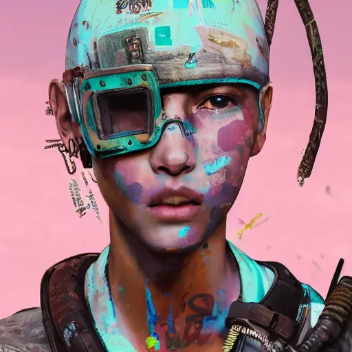 Prompt: highly detailed portrait of a post-cyberpunk south african young lady by Akihiko Yoshida, Greg Tocchini, 4k resolution, mad max inspired, pastel pink, light blue, brown, white and black color scheme with south african symbols and graffiti