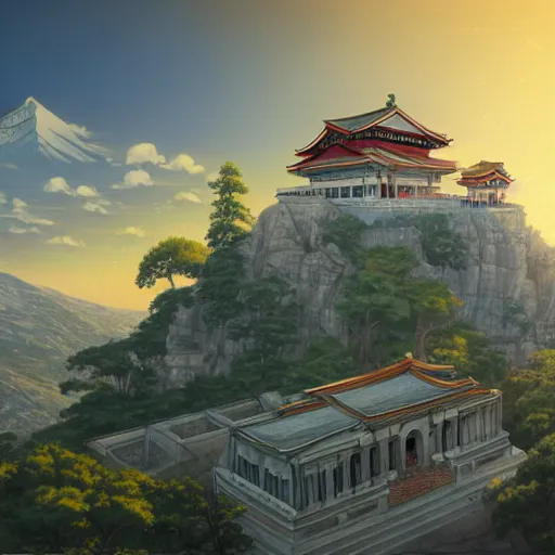 Prompt: concept art painting of a marble temple on top of a mountain, with greek and japanese architecture, overlooking a village in a valley, early morning, realistic, detailed, cel shaded, in the style of makoto shinkai and greg rutkowski and albert bierstadt and james gurney