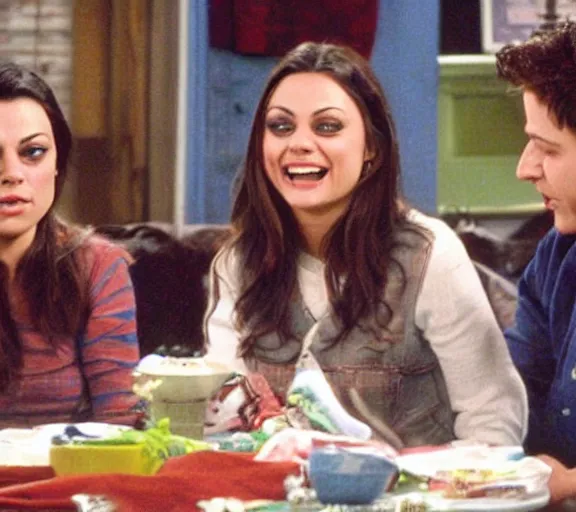 Prompt: a movie still of mila kunis in the tv show friends speaking with joey