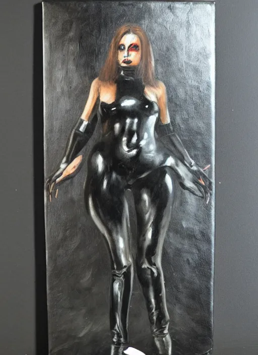 Prompt: oil painting of female monster full figure made out of black latex, full body armor, horror