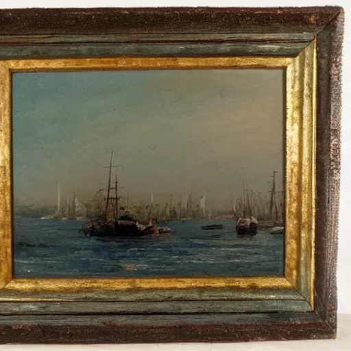 Prompt: moody harbour late 1800s painting