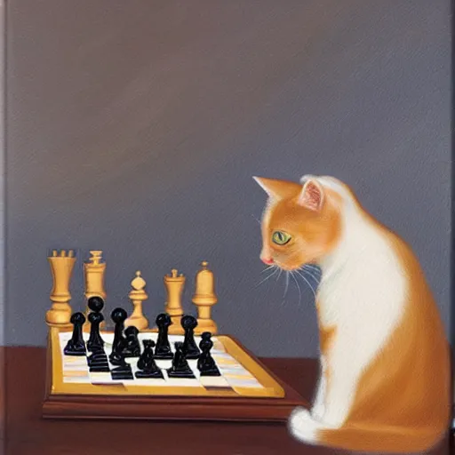 Image similar to cat playing chess looking wise, rococo oil painting