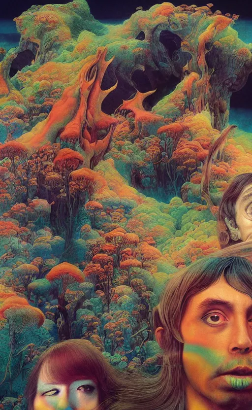 Image similar to ultrawide angle colour masterpiece surreal closeup portrait photography of the beatles by miho hirano and annie leibovitz and michael cheval, weird surreal epic psychedelic complex biomorphic 3 d fractal landscape in background by kilian eng and roger dean and salvador dali and beksinski, 8 k