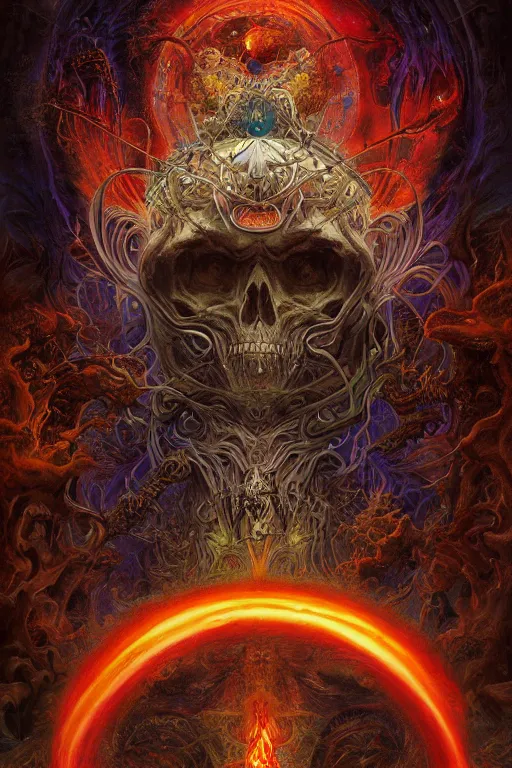 Prompt: gigantic psychedelic demonic cosmic skull of death and fire of outer space, fantasy painting, ultra realistic, dmt, wide angle, art nouveau, intricate details, digital painting, rainbowshift, vivid colors, highly detailed by peter mohrbacher, h. r. giger, maxfield parrish, craig mullins, octane render, cgi