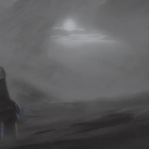 Image similar to a pencil sketch of a mech on an alien planet. moody. atmospheric. fog. cinematic