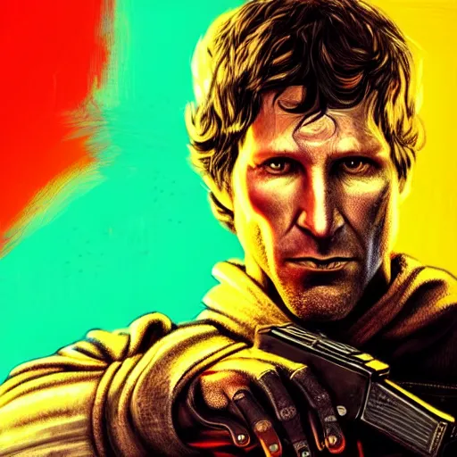 Prompt: todd howard with a pistol, forcing you to buy skyrim, threatening, sharp, cinematic, colorful, digital art, neon, bright, cyberpunk, blade runner 2 0 4 9, realism, bold