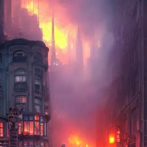 Prompt: wide angle, buildings and city on fire at night, with police and firetrucks on street, stormy blue and red sky mystery mist, police car lights, 4 k highly detailed art, concept art, trending on artstation, alphone mucha, artgerm, greg rutkowski, octane render, cinematic lighting, intricate, sharp focus