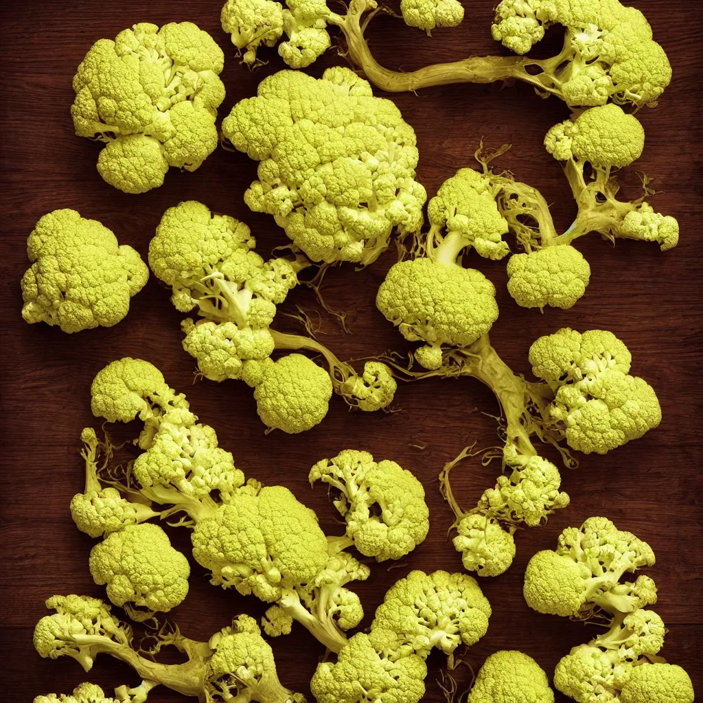 Prompt: large fractal of cauliflowers roots, over vivid dark wood table, precise, symmetrical, geometrical. food photography. super detailed. masterpiece