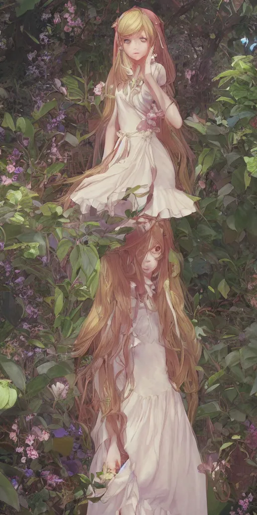 Prompt: a digital art of a loli with long hair in a dress in the privet garden at after noon, by krenz cushart and mucha and akihito yoshida and greg rutkowski, detailed eyes, 4 k resolution 、 trending on art station