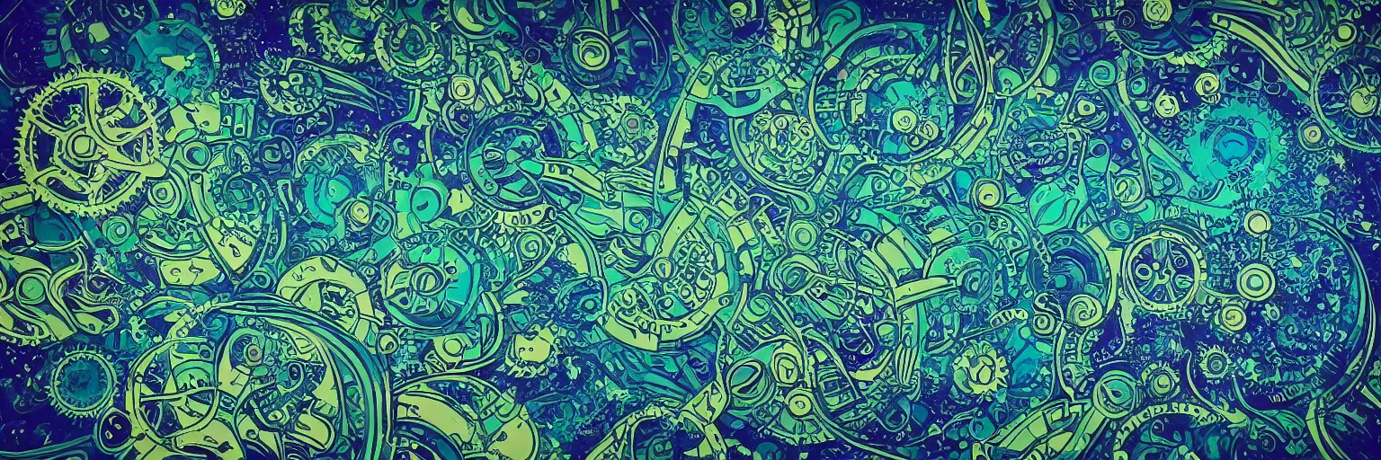 Prompt: shades of blue and green forming art nouveau explosions, vivid colors, intricate, ornate, circuitry, gears, sparkle, extremely hyperdetailed, sharp focus