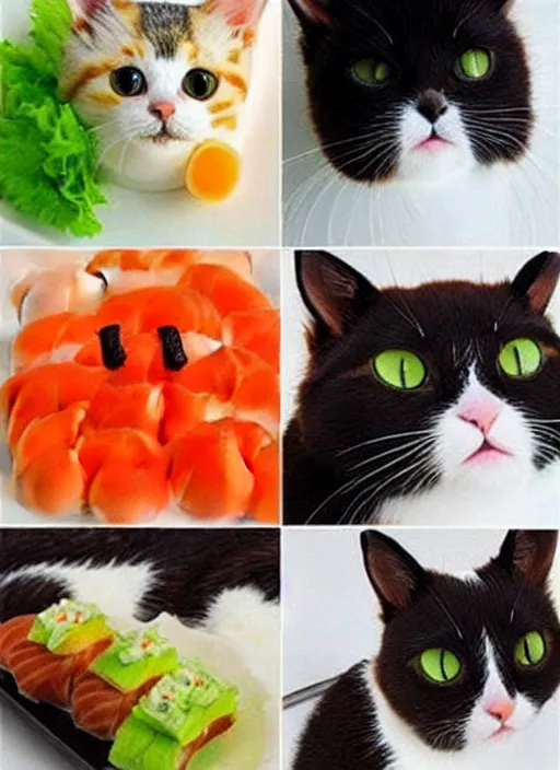 Image similar to clear photorealistic picture of adorable cats made out of sushi