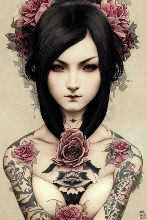 Prompt: portrait of goth yakuza girl tattoos, intricate, elegant, highly detailed, digital painting, artstation, concept art, smooth, sharp focus, illustration, art by artgerm and greg rutkowski and alphonse mucha and william-adolphe bouguereau