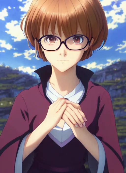 Image similar to Painting of grown-up Velma Dinkley in the style of Violet Evergarden, beautiful anime art style, winged eyelashes, countryside, calm, fantasy character portrait, dark outlines, dynamic pose, above view, sunny day, artwork by Makoto Shinkai, very coherent asymmetrical artwork, sharp edges, perfect face, simple form, 100mm