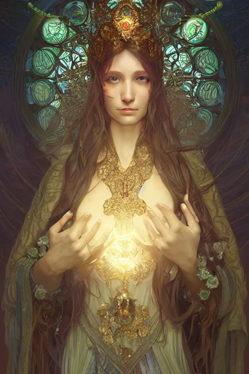 Prompt: portrait of jewel elf oracle physically accurate, moody dynamic lighting, very very intricate, very very elegant, highly detailed, concept art, smooth, very beautiful, sharp focus, illustration, art by artgerm and greg rutkowski and alphonse mucha digital painting, artstation, in the style of Rob Lefield and Dan Mumford , trending on artstation, digital art,surrealism ,macro,blueprint ,vaporwave ,