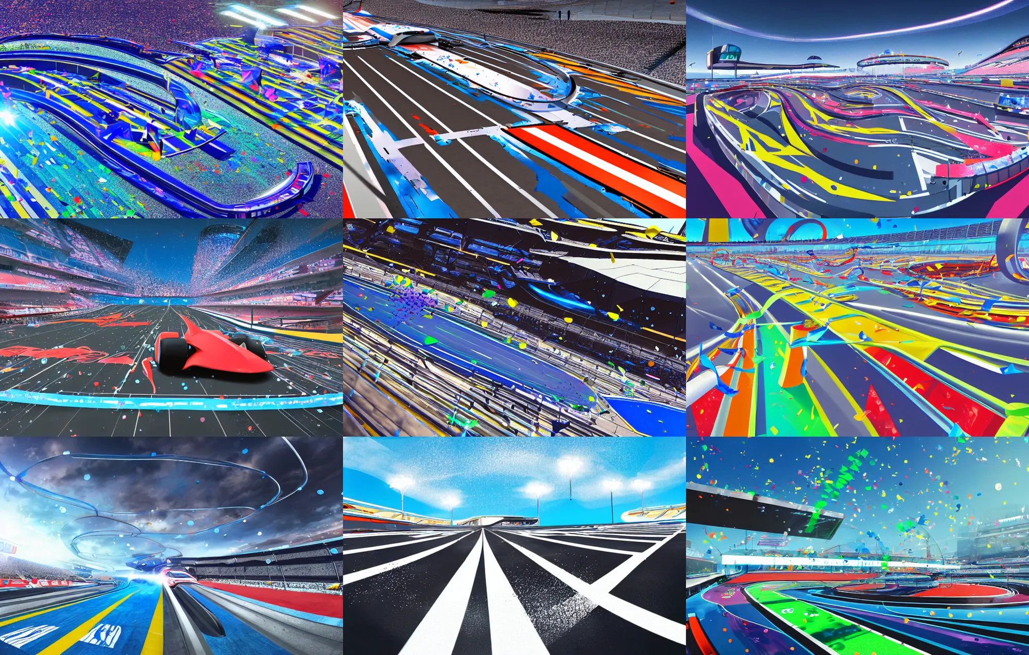 Prompt: wide angle shot of a futuristic vehicle racetrack finish line from the attendee stands with confetti on a sunny day with a clear blue sky, cyberpunk, profile shot, digital painting, good value control,