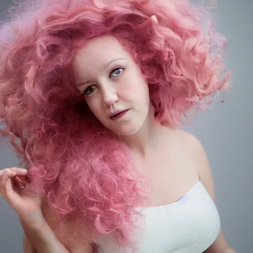 Prompt: !dream a photograph of rose quartz from steven universe, portrait photography, 85mm, iso 400, focus mode, detailed portrait, gigantic pink ringlets, huge curly pink hair, tight gigantic pink curls, warm features, chubby, white dress, gorgeous, kind features, beautiful woman, flattering photo, daylight