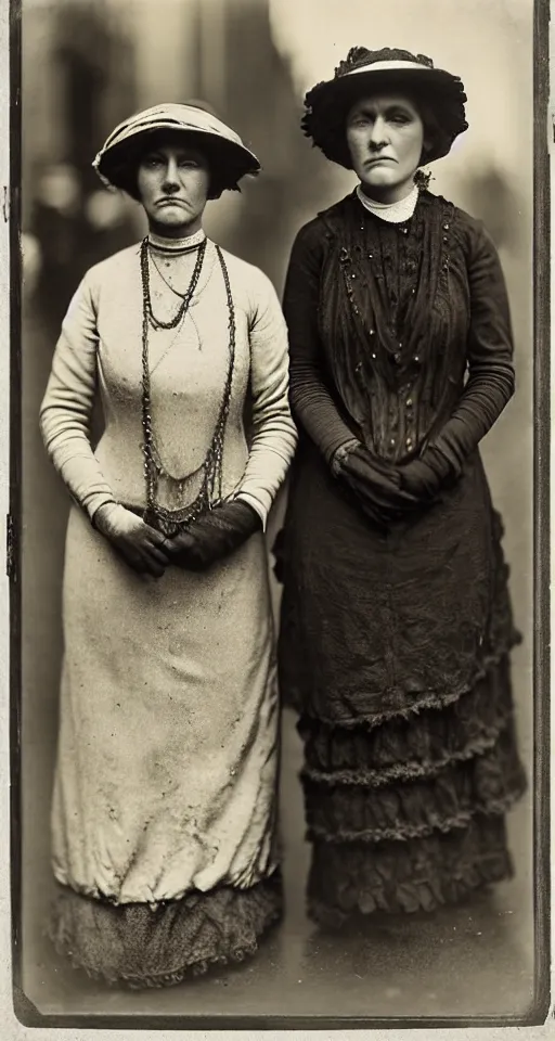 Prompt: wet plate photograph, fashionable ladies on the streets of San Francisco, 1908, realistic faces