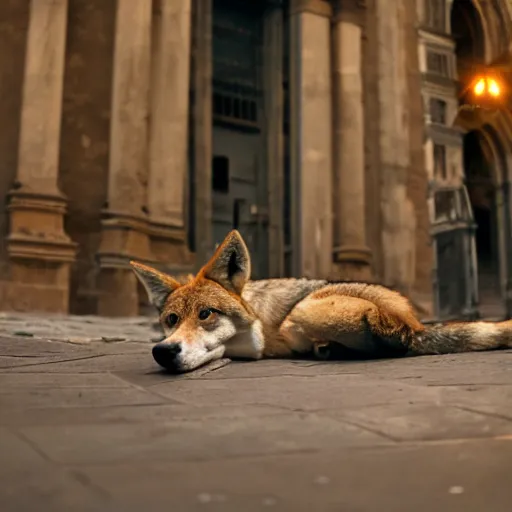 Image similar to dingo coyote mix dog lying on the street in ancient florence, high quality digital art, cinematic lighting, moody lighting