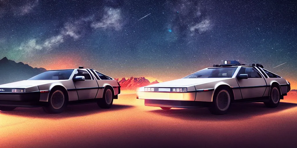Prompt: a photo of a delorean car ontop of a mountain staring towards the starry night, synthwave, realism, octane render, 3 d render, beautiful