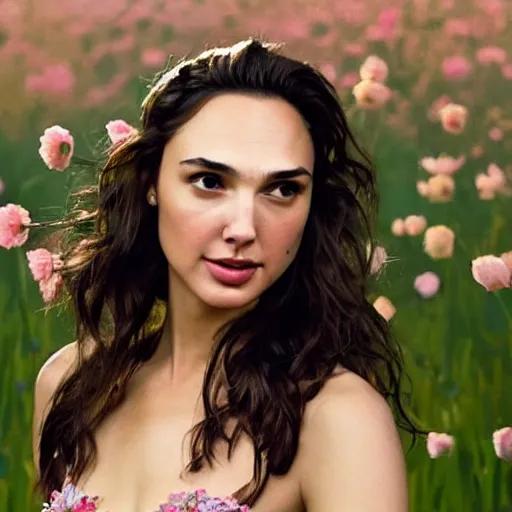 Prompt: photo of the beauty gal gadot, she is posing while maintain a sweet eye contact to the camera, she has a crown of flowers, the photo was taken at sunset with a bokeh effect, photo taken by edward steichen, photorealistic, matte painting, hyper realistic, 4 k, 8 k, cinematic composition, hd, highly detailed, trending on artstation