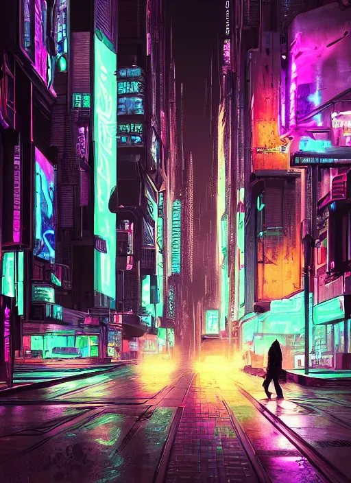 Image similar to sci-fi cyberpunk city street, billboards, neon holograms, neon signs, rainy night, dramatic lighting, cinematic, establishing shot, extremely high detail, foto realistic, cinematic lighting, pen and ink, intricate line drawings, post processed, concept art, artstation, matte painting, style by Raphael Lacoste, Eddie Mendoza ,