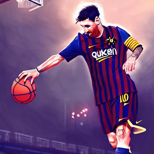 Prompt: Messi dunking on Ronaldo in basketball, D&D, fantasy, intricate, elegant, highly detailed, digital painting, artstation, concept art, matte, sharp focus, illustration