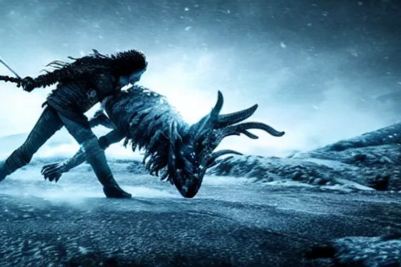 Image similar to very very intricate photorealistic photo of jon snow fighting the night king, photo is in focus with detailed atmospheric lighting, award - winning details