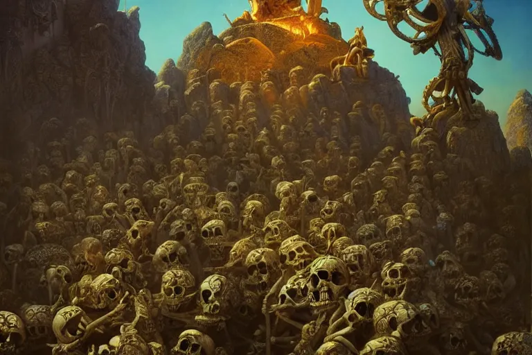 Prompt: a horde of skeletons attacking a tibetian temple, concept art, beautiful, by maxfield parrish, by gustave dore, by peter mohrbacher, by belsinski, sharp focus, vivid color, octane render, cgi, rule of thirds