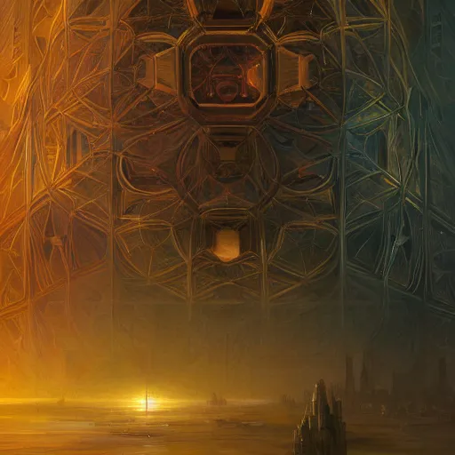 Image similar to hyper realistic golden quantum computer in the shape of a giant cube the size of a city , art by artery and Greg Rutkowski and alphonse mucha, sci-fi, fantasy, intricate, ornate, very very intimidating , highly detailed, digital painting, artstation, concept art, smooth, sharp focus, illustration