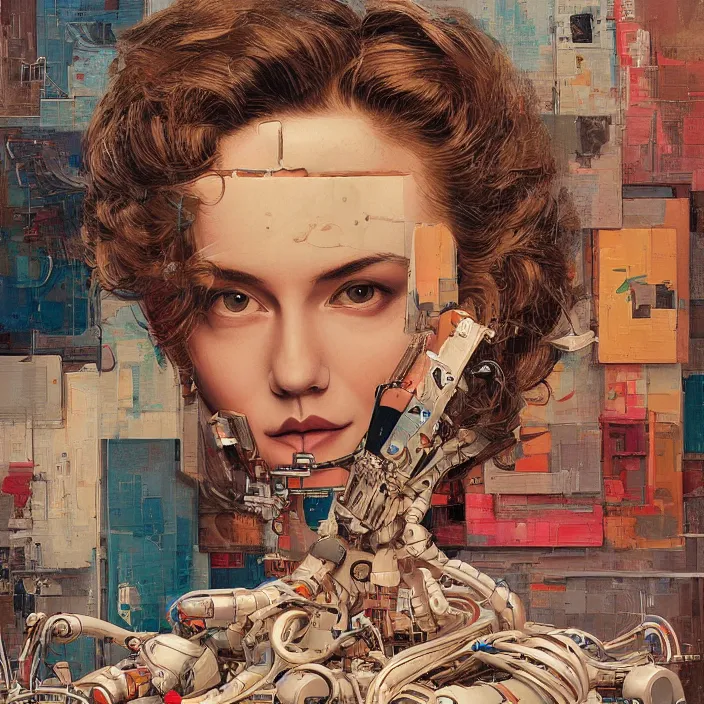 Prompt: robot artist painting a self - portrait on a canvas. intricate, highly detailed, digital matte painting, in the style of alexandros pyromallis, and in the style of sachin teng, and in the style of hans thoma, and in the style of alberto vargas. irony, recursion, inspiration.