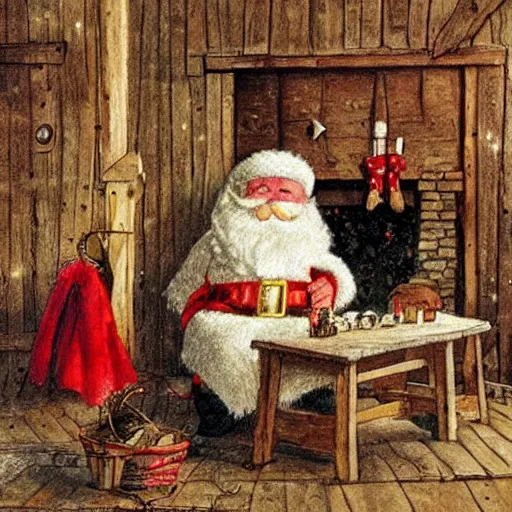 Image similar to Santa inside a rustic barn, in the style of Carl larsson