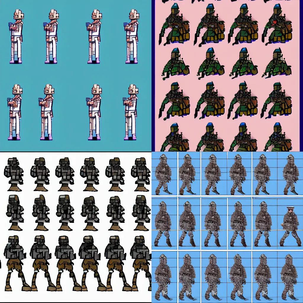 Prompt: A sprite sheet for an animation of a soldier walking with a gun, blue background, digitql art
