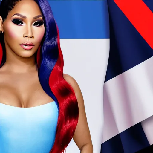 Image similar to Wide image, flags of Argentina behind, Nicki Minaj detailed face