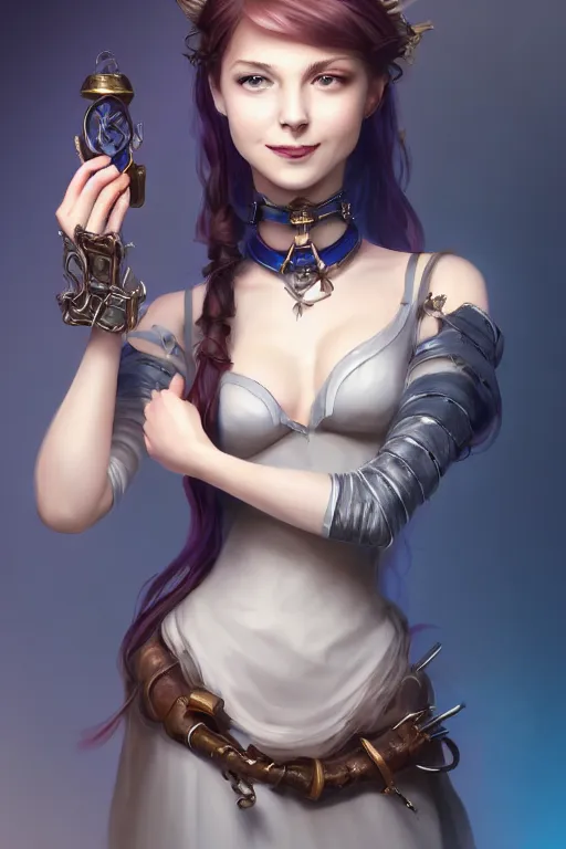 Image similar to portrait of a gorgeous young female artificer holding a strange mechanical device, looking at camera, D&D, choker on neck, stylish dress, mouth slightly open, cute slightly nerdy smile, very long flowing hair, intricate, elegant, stylish, fantasy, extremely detailed, digital painting, artstation, concept art, smooth, sharp focus, illustration, stunning lighting, art by artgerm and greg rutkowski and alphonse mucha and simon stalenhag