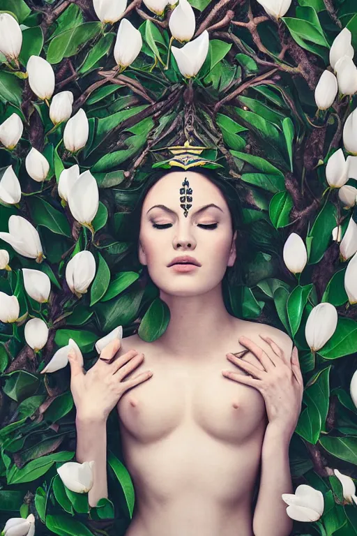 Image similar to a goddess of magnolia a queen of the garden, meditating! with a beautiful symmetrical face!!! cinematic lightning, isolated, studio lighting by ross tran