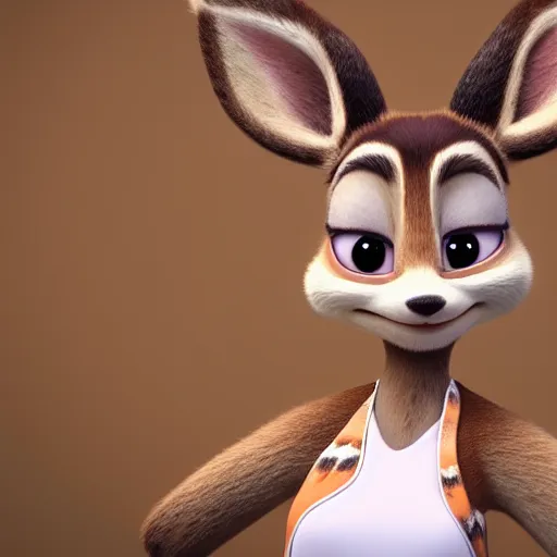 Prompt: portrait, 3 d render, anthropomorphic deer female, wearing long white dress, in the style of zootopia