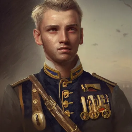 Prompt: Portrait of a naval officer, male, detailed face, 19th century, highly detailed, cinematic lighting, digital art painting by greg rutkowski