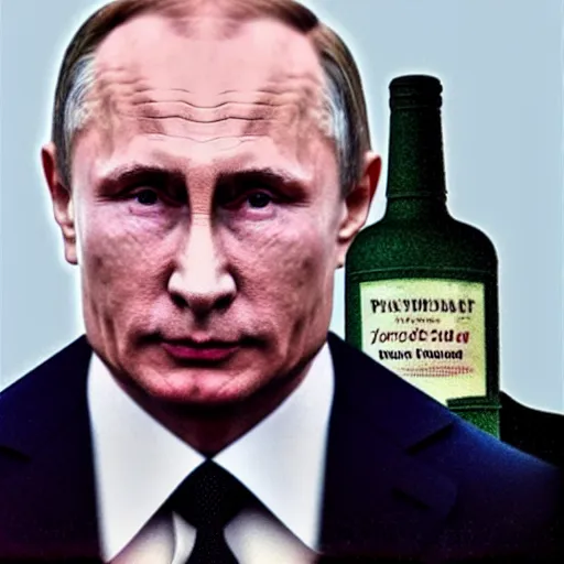 Image similar to Vladimir Putin holding a giant vodka bottle, detailed face, realistic face, photorealistic, highly detailed, cinematic