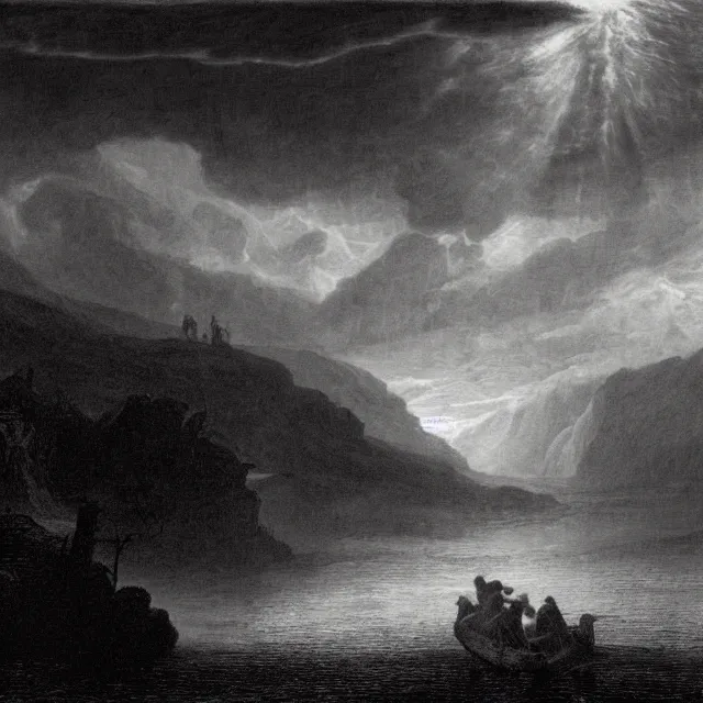 Prompt: an engraving of jesus in a river by gustave dore, caspar david friedrich, foggy, depth, strong shadows, stormclouds, illuminated focal point, highly detailed