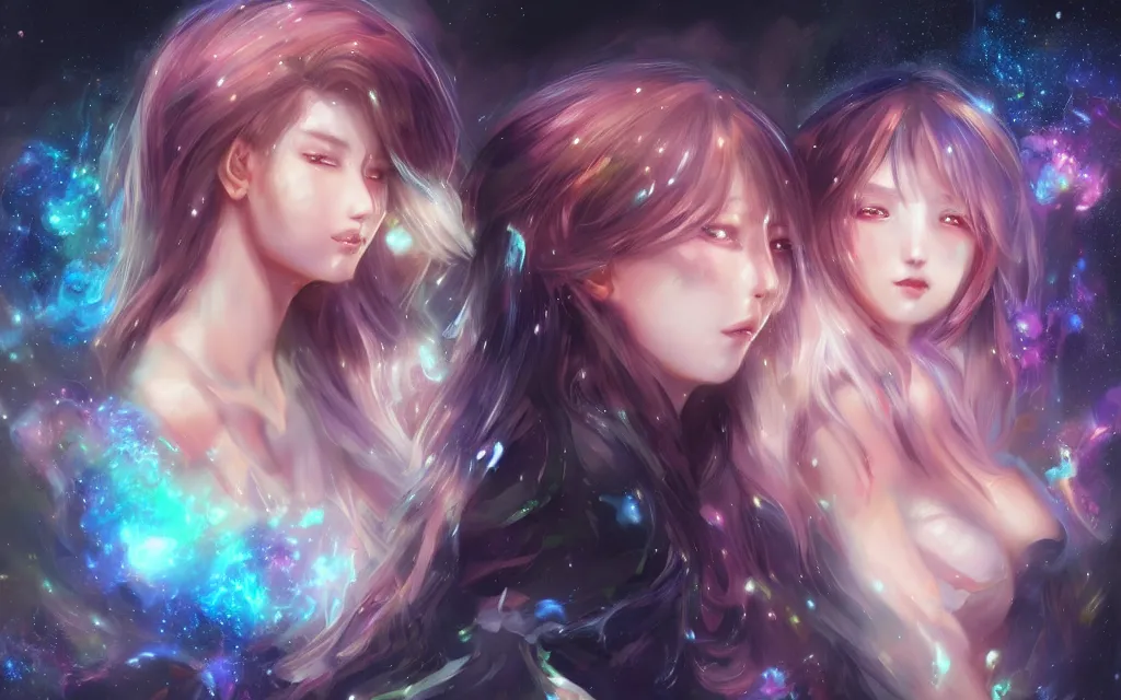 Image similar to A realistic anime portrait of a beautiful cosmic twins with glowing void eyes and cosmic skin wearing clothes made of galaxies, digital painting, by Stanley Artgerm Lau, Sakimichan, WLOP and Rossdraws, digtial painting, trending on ArtStation, SFW version