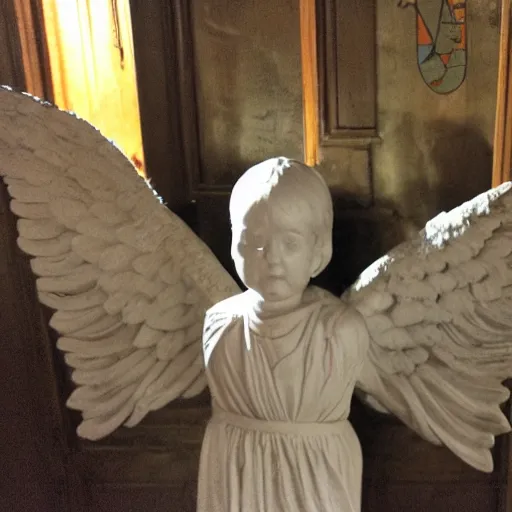 Prompt: Just one of many Angels-Holding-Guns in the backrooms of the church.