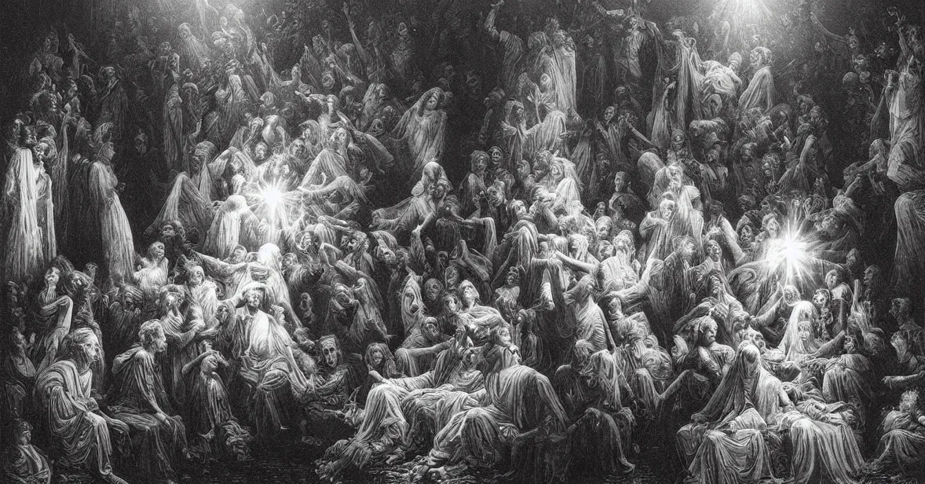 Image similar to human spirits sit in the cinema and watch very deeply the light of consciousness projecting their lives on the big wide screen, realistic image full of sense of spirituality, life meaning, meaining of physical reality, happy atmosphere, by Gustave Dore