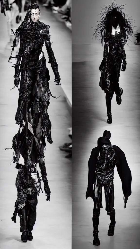 Image similar to beautiful androgynous high fashion avant garde look and clothes, we can see them from feet to head, highly detailed and intricate, hypermaximalist, luxury, elite, cinematic, designer fashion, rick owens, yohji yamamoto, y 3, acrnym, fashion photography