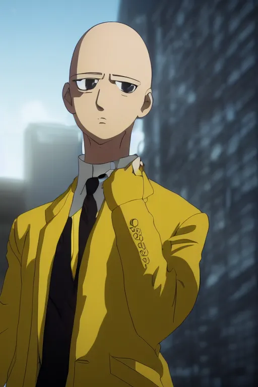 Prompt: side profile, saitama, young bald man, yellow buisness suit, red gloves, looking down, 8k, ultra detail, anime, full body shot