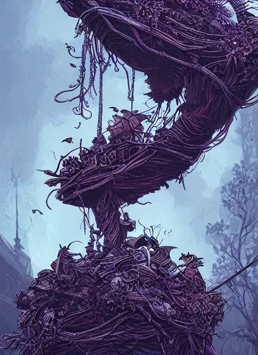 Image similar to crows nest like a head wreath, cruelty, black crows, light effect, hyper detailed, intricate, elegant, highly detailed, digital painting, artstation, concept art, matte, sharp focus, illustration, by dan mumford, yusuke murata, makoto shinkai, ross tran