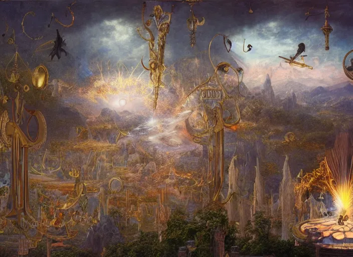 Image similar to a beautiful and highly detailed matte painting of magical tarot cards floating in the midst of magical explosions, intricate details, epic scale, insanely complex, 8 k, sharp focus, hyperrealism, very realistic, by caspar friedrich, albert bierstadt, james gurney, brian froud,