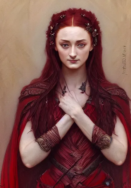 Image similar to portrait of sansa stark dark crimson poison sharp, intricate, elegant, highly detailed, digital painting, artstation, concept art, smooth, sharp focus, illustration, art by artgerm and greg rutkowski and alphonse mucha and william - adolphe bouguereau