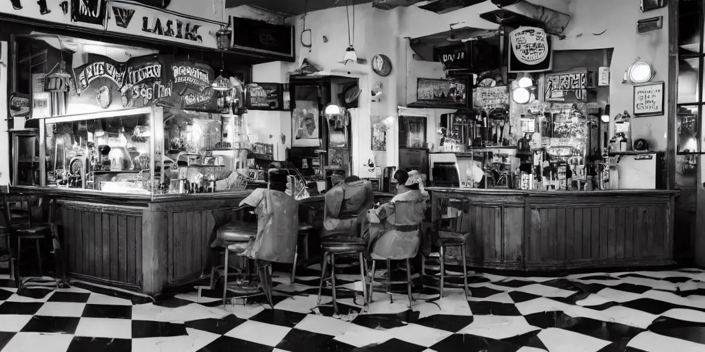 Prompt: inside an old fashioned ice cream parlor. a leaking case of melting ice cream cases is behind the bar. the leak has made a puddle on the floor, and the puddle is reminiscent to the shape of werewolf fangs. there is an eerie voluminous blue electric glow.