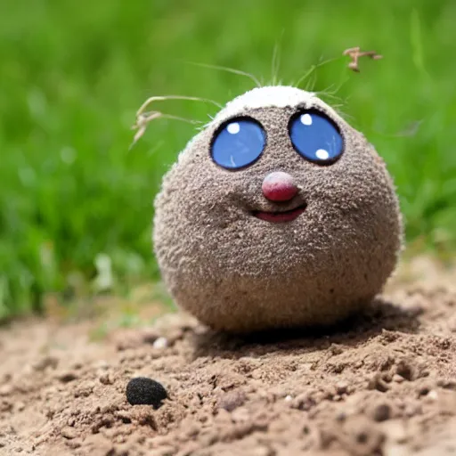 Image similar to photo of a small round creature made of dirt with round blue eyes and a round clown nose and a cute smile